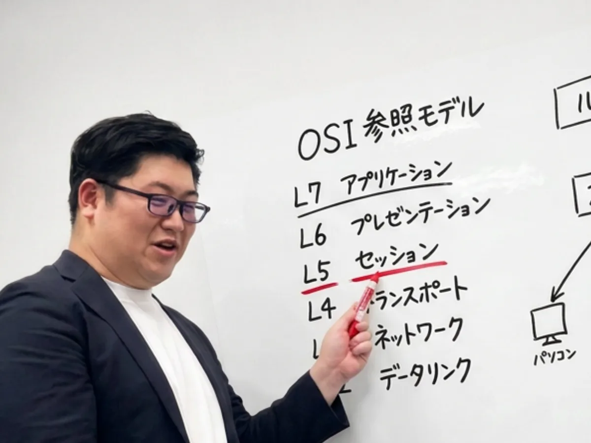 ホワイトボードで講師がCCNA研修を実施